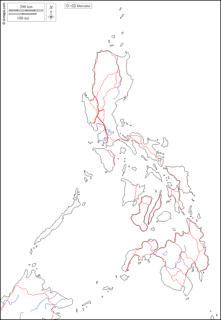 Filipinas : d-maps.com: mapa livre, mapa em branco livre, mapa livre do esboço, mapa básico livre
 : fronteiras, hidrografia, estradas, branco