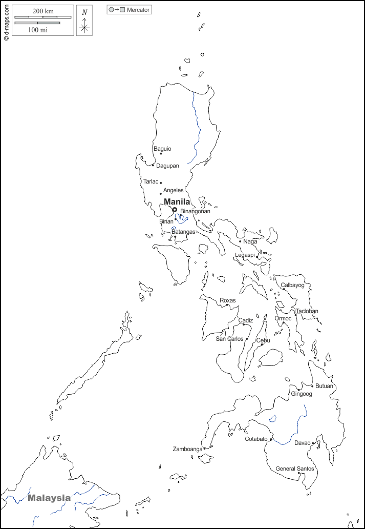 الفلبين : خريطة مجانية, خريطة خاليه من الفراغ, خريطة الخطوط العريضة, خريطة القاعدة الحرة
 : حدود, هيدروغرافيا, المدن الرئيسية, أسماء, أبيض