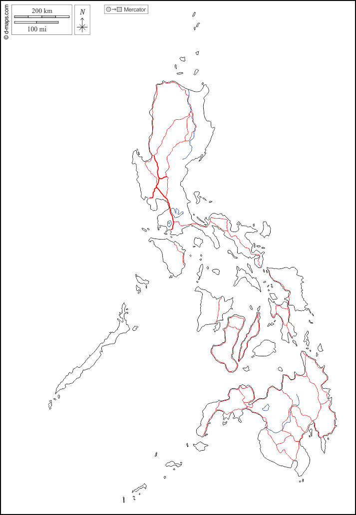 Philippinen : d-maps.com: Kostenlose Karten, kostenlose stumme Karte, kostenlose unausgefüllt Landkarte, kostenlose hochauflösende Umrisskarte : Umrisse, Hydrografie, Straßen, weiß