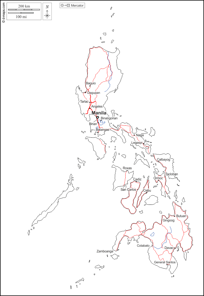 Philippinen : d-maps.com: Kostenlose Karten, kostenlose stumme Karte, kostenlose unausgefüllt Landkarte, kostenlose hochauflösende Umrisskarte : Umrisse, Hydrografie, Wichtige Städte, Straßen, Namen, weiß