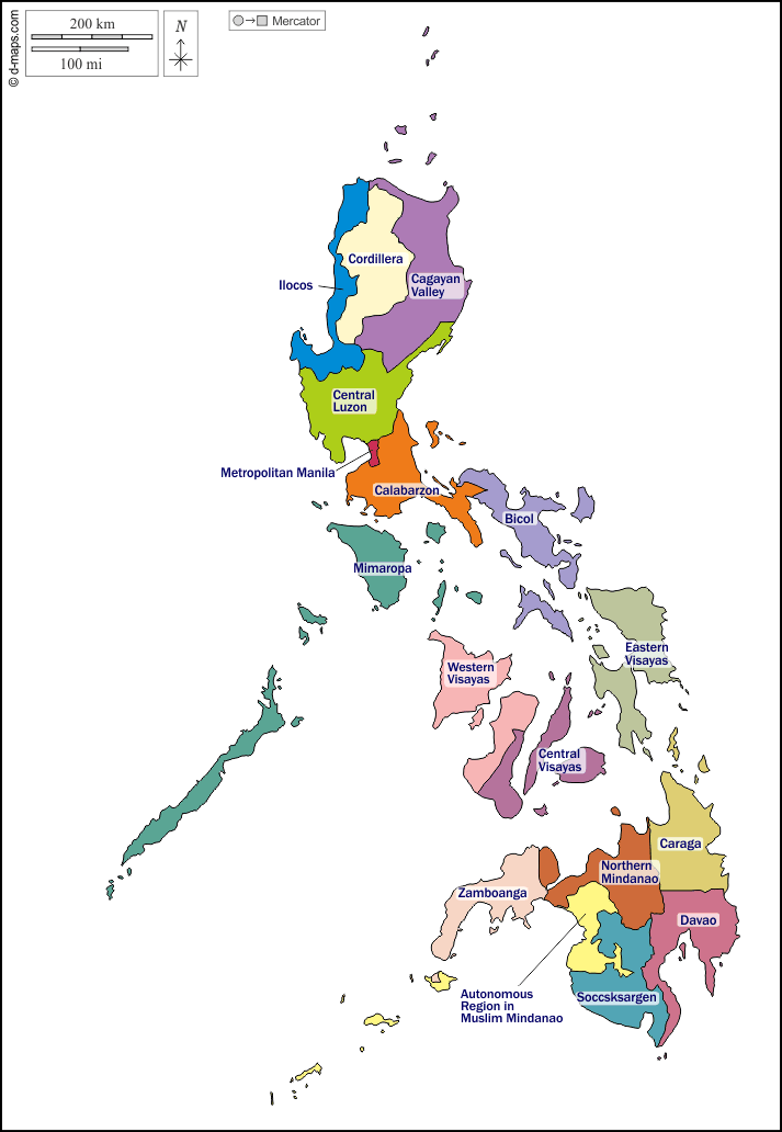 Filippine : d-maps.com: mappa gratuita, mappa muta gratuita, cartina muta gratuita : contorni, regioni, nomi, colore, bianco