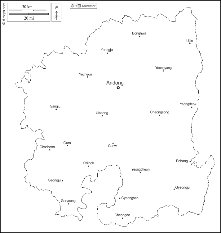Gyeongsang du Nord : d-maps.com: carte géographique gratuite, carte géographique muette gratuite, carte vierge gratuite, fond de carte gratuit, formats graphiques courants : contours, principales villes, noms, blanc