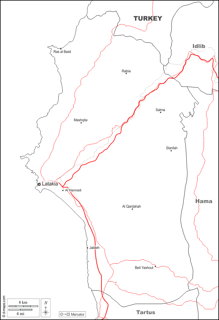 Lattaquié : d-maps.com: carte géographique gratuite, carte géographique muette gratuite, carte vierge gratuite, fond de carte gratuit, formats graphiques courants : frontières, principales villes, routes, noms, blanc