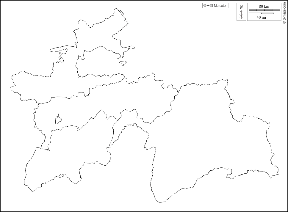 Tadjikistan : d-maps.com: carte géographique gratuite, carte géographique muette gratuite, carte vierge gratuite, fond de carte gratuit, formats graphiques courants : contours, divisions, blanc