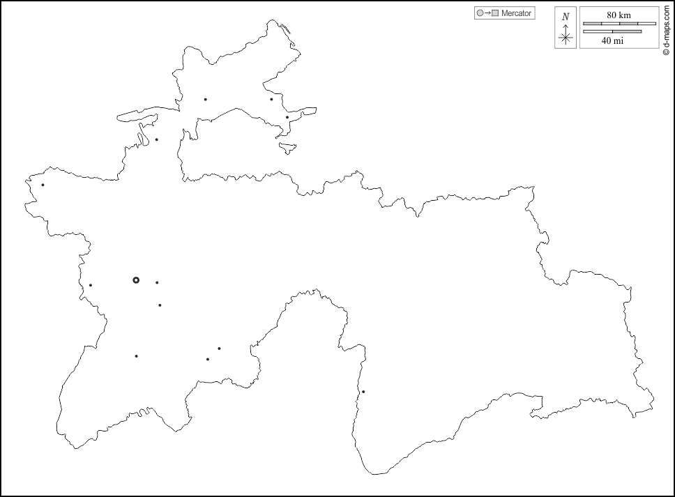 Tajiquistão : d-maps.com: mapa livre, mapa em branco livre, mapa livre do esboço, mapa básico livre
 : contornos, principais cidades, branco