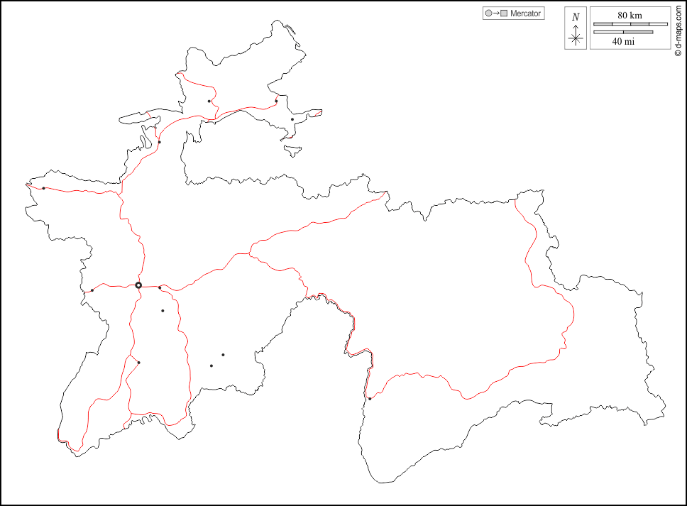 Tagikistan : d-maps.com: mappa gratuita, mappa muta gratuita, cartina muta gratuita : contorni, principali città, strade, bianco