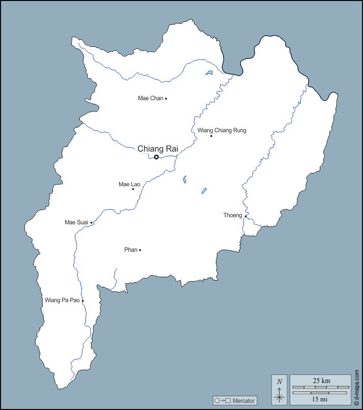 Chiang Rai : d-maps.com: Kostenlose Karten, kostenlose stumme Karte, kostenlose unausgefüllt Landkarte, kostenlose hochauflösende Umrisskarte : Umrisse, Hydrografie, Wichtige Städte, Namen