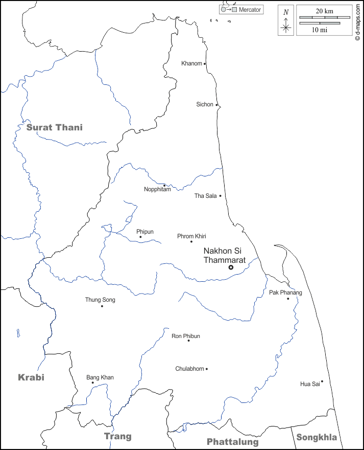 Nakhon Si Thammarat : d-maps.com: mappa gratuita, mappa muta gratuita, cartina muta gratuita : frontiere, idrografia, principali città, nomi, bianco