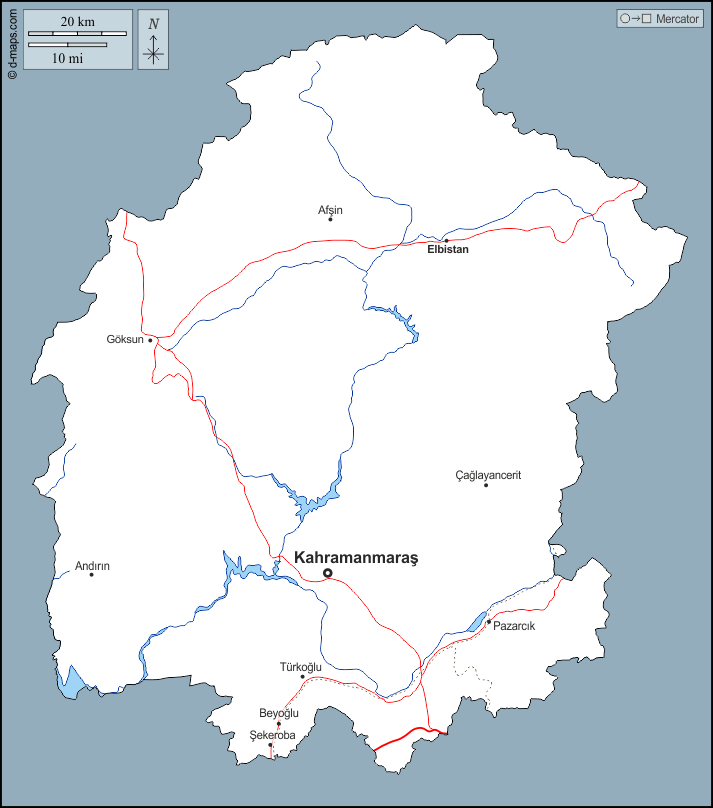 Kahramanmaraş : d-maps.com: mappa gratuita, mappa muta gratuita, cartina muta gratuita : contorni, idrografia, principali città, strade, nomi