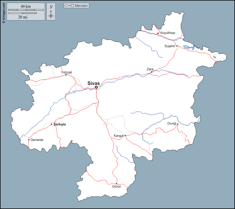 Sivas  : d-maps.com: mappa gratuita, mappa muta gratuita, cartina muta gratuita : contorni, idrografia, principali città, strade, nomi