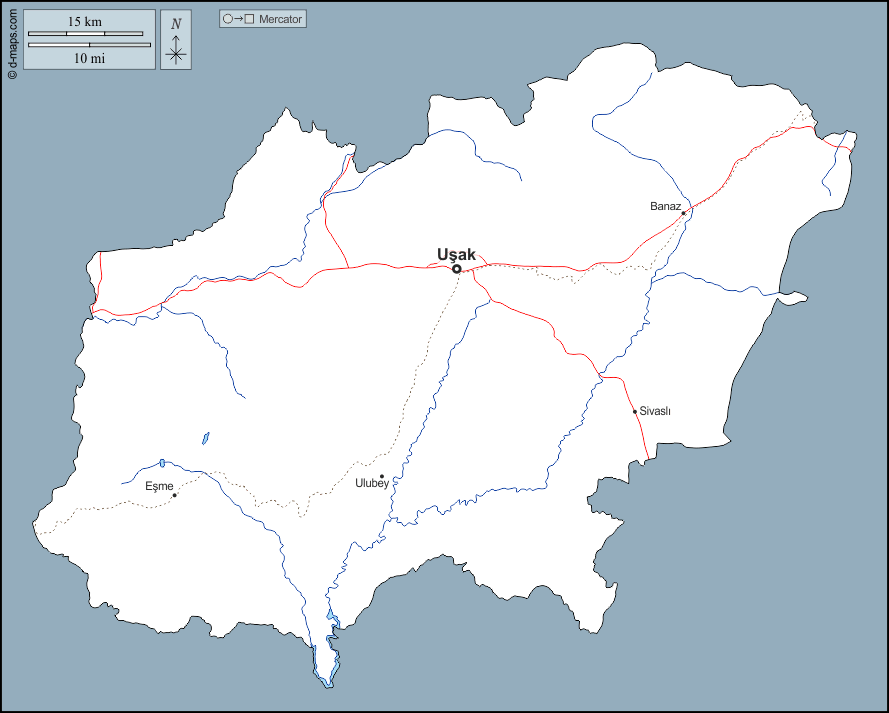 Uşak : d-maps.com: mappa gratuita, mappa muta gratuita, cartina muta gratuita : contorni, idrografia, principali città, strade, nomi