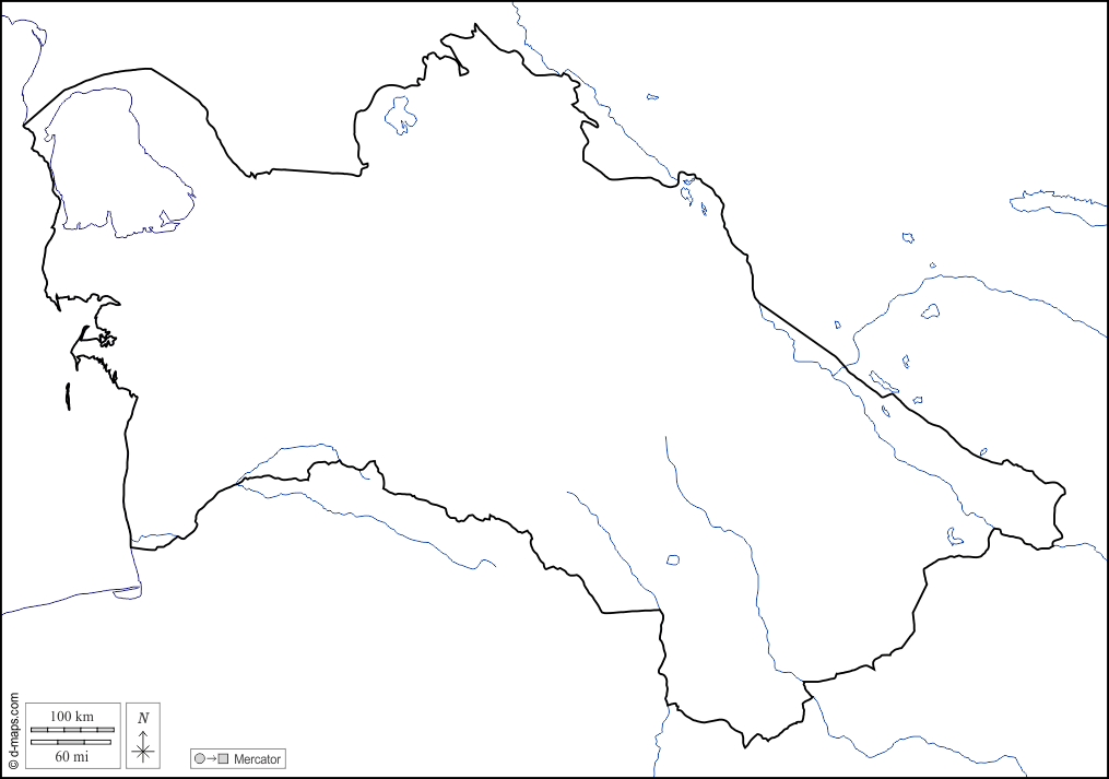 Turkmenistan : d-maps.com: Kostenlose Karten, kostenlose stumme Karte, kostenlose unausgefüllt Landkarte, kostenlose hochauflösende Umrisskarte : Küsten, Grenzen, Hydrografie, weiß