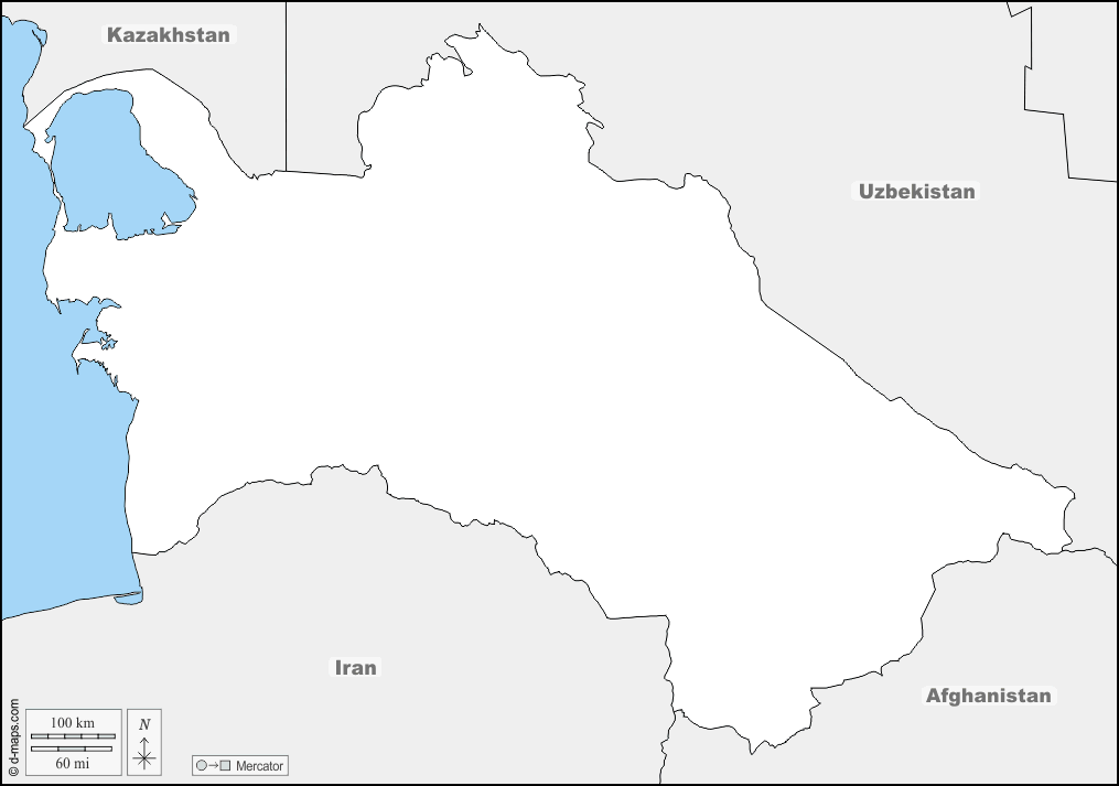 Turkmenistan : d-maps.com: Kostenlose Karten, kostenlose stumme Karte, kostenlose unausgefüllt Landkarte, kostenlose hochauflösende Umrisskarte : Grenzen, Namen