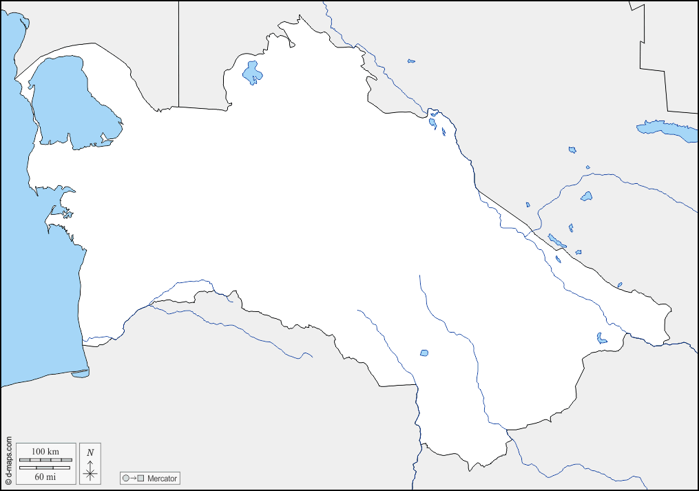 Turkmenistan : d-maps.com: Kostenlose Karten, kostenlose stumme Karte, kostenlose unausgefüllt Landkarte, kostenlose hochauflösende Umrisskarte : Grenzen, Hydrografie
