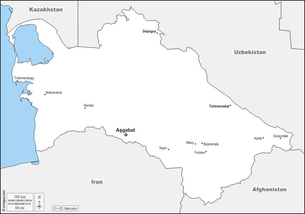 Turkmenistan : d-maps.com: mappa gratuita, mappa muta gratuita, cartina muta gratuita : frontiere, principali città, nomi