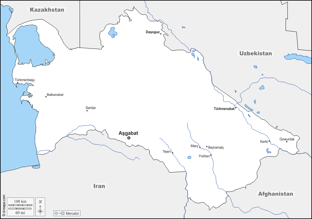 Turkmenistan : d-maps.com: Kostenlose Karten, kostenlose stumme Karte, kostenlose unausgefüllt Landkarte, kostenlose hochauflösende Umrisskarte : Grenzen, Hydrografie, Wichtige Städte, Namen