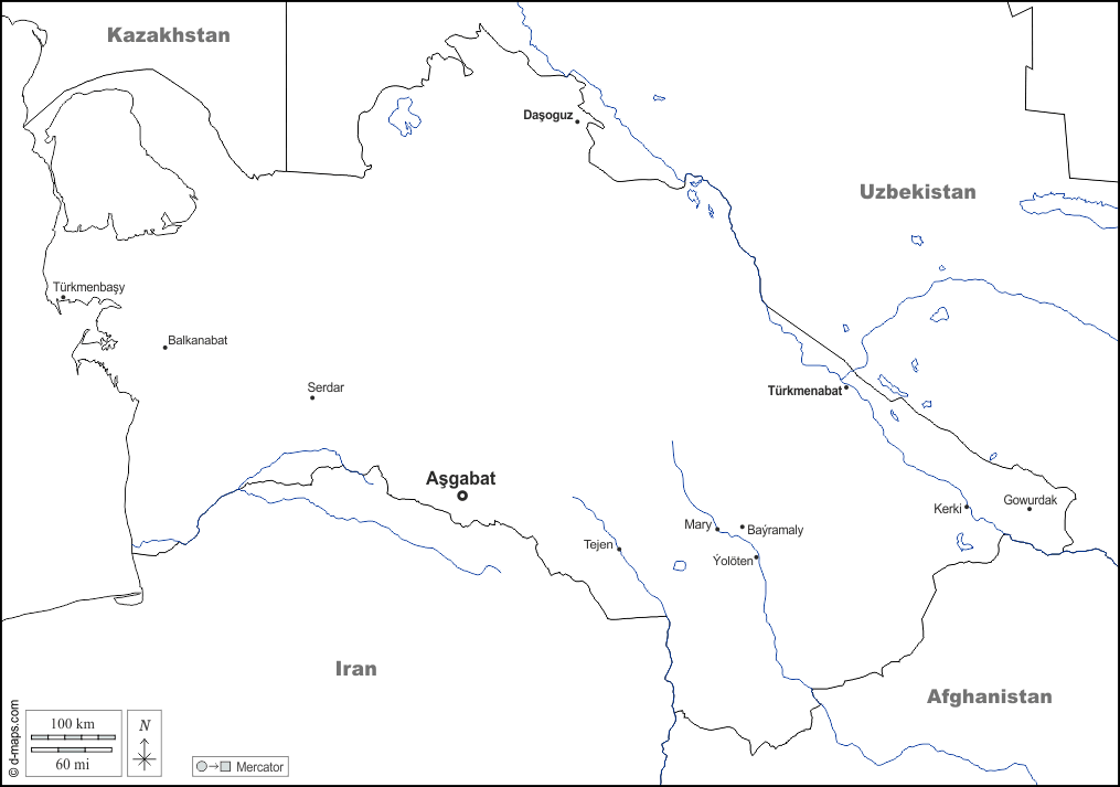 تركمانستان : خريطة مجانية, خريطة خاليه من الفراغ, خريطة الخطوط العريضة, خريطة القاعدة الحرة
 : حدود, هيدروغرافيا, المدن الرئيسية, أسماء, أبيض