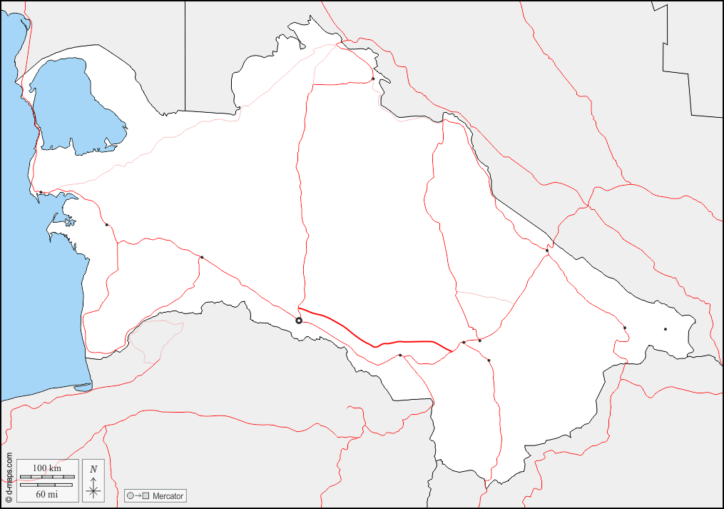 トルクメニスタン : d-maps.com: 無料地図, 無料の空の地図, 無料のアウトラインマップ, 無料のベースマップ
 : 境界, 主要都市, 道路