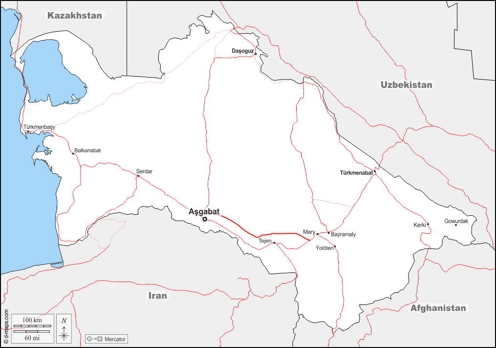 Turkmenistan : d-maps.com: Kostenlose Karten, kostenlose stumme Karte, kostenlose unausgefüllt Landkarte, kostenlose hochauflösende Umrisskarte : Grenzen, Wichtige Städte, Straßen, Namen