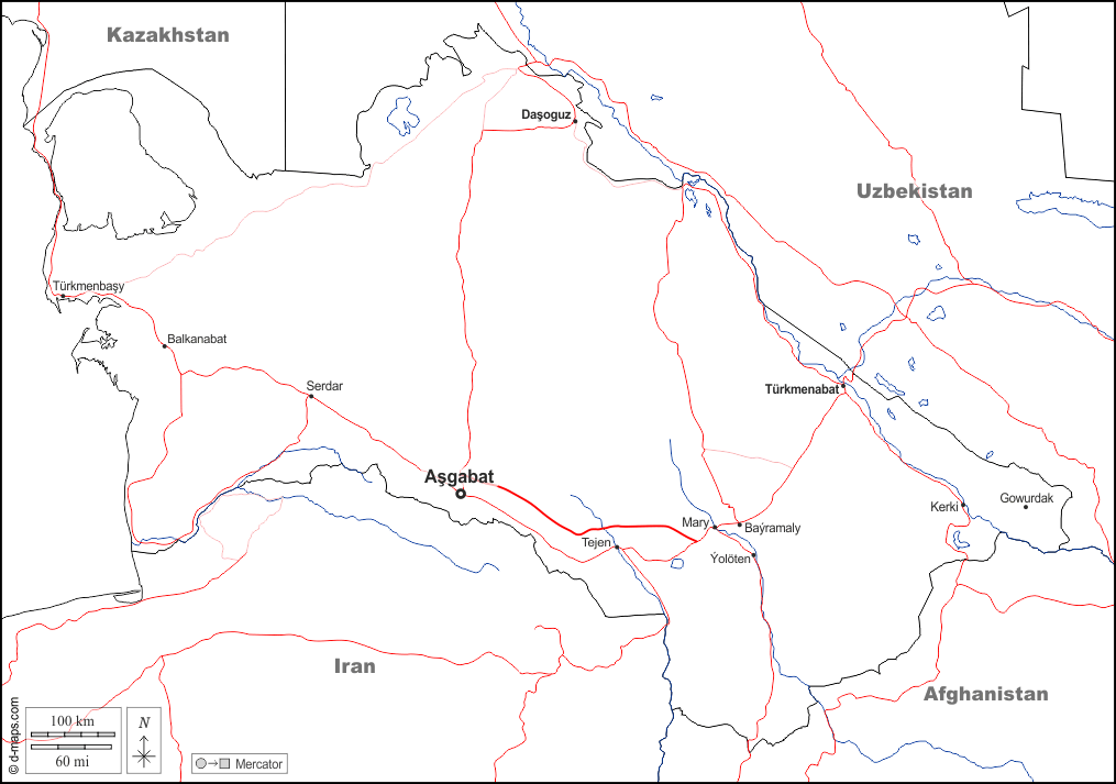 Turkmenistan : d-maps.com: Kostenlose Karten, kostenlose stumme Karte, kostenlose unausgefüllt Landkarte, kostenlose hochauflösende Umrisskarte : Grenzen, Hydrografie, Wichtige Städte, Straßen, Namen, weiß
