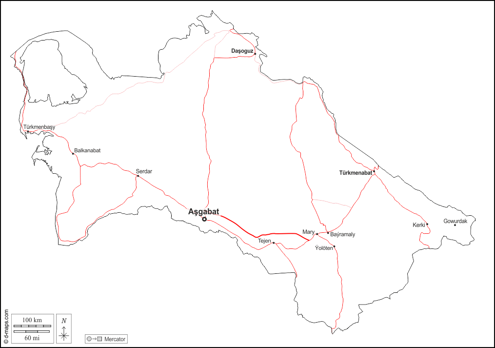 Turkmenistan : d-maps.com: carte géographique gratuite, carte géographique muette gratuite, carte vierge gratuite, fond de carte gratuit, formats graphiques courants : contours, principales villes, routes, noms, blanc