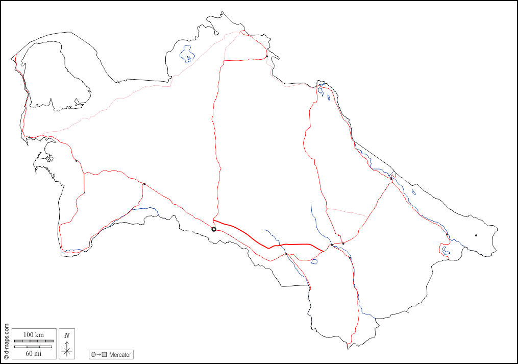 Turkmenistan : d-maps.com: Kostenlose Karten, kostenlose stumme Karte, kostenlose unausgefüllt Landkarte, kostenlose hochauflösende Umrisskarte : Umrisse, Hydrografie, Wichtige Städte, Straßen, weiß