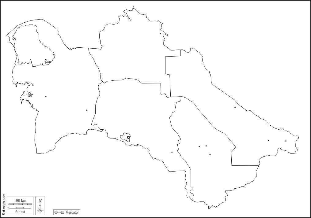 Turquemenistão : d-maps.com: mapa livre, mapa em branco livre, mapa livre do esboço, mapa básico livre
 : contornos, províncias, principais cidades, branco