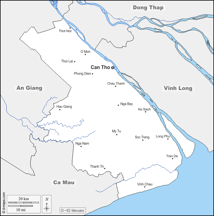 Can Tho : d-maps.com: Kostenlose Karten, kostenlose stumme Karte, kostenlose unausgefüllt Landkarte, kostenlose hochauflösende Umrisskarte : Grenzen, Hydrografie, Wichtige Städte, Namen