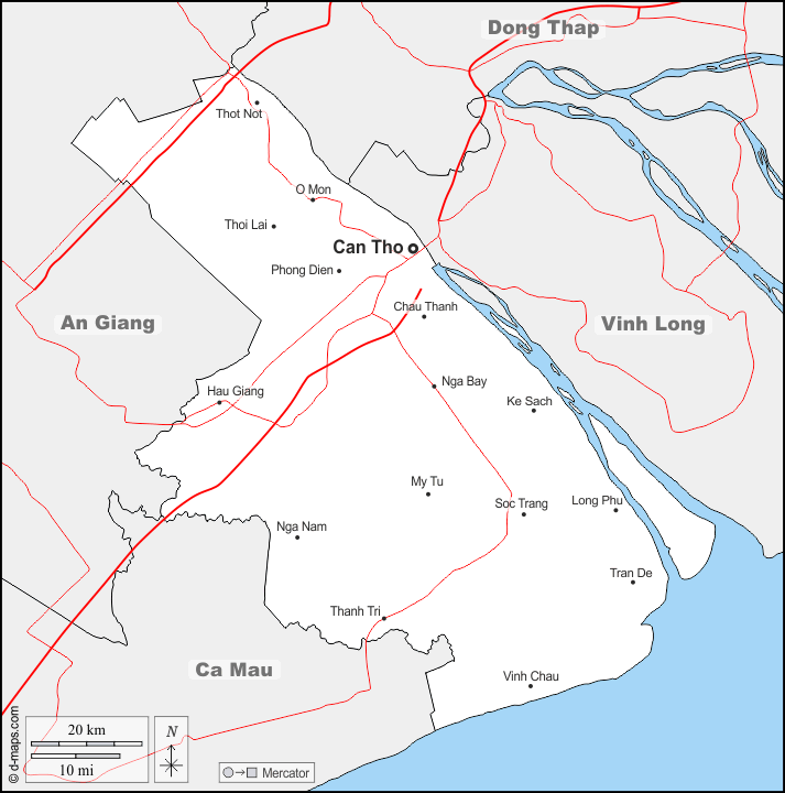 Can Tho : d-maps.com: Kostenlose Karten, kostenlose stumme Karte, kostenlose unausgefüllt Landkarte, kostenlose hochauflösende Umrisskarte : Grenzen, Wichtige Städte, Straßen, Namen