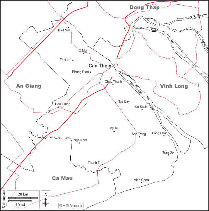 Can Tho : d-maps.com: Kostenlose Karten, kostenlose stumme Karte, kostenlose unausgefüllt Landkarte, kostenlose hochauflösende Umrisskarte : Grenzen, Wichtige Städte, Straßen, Namen, weiß