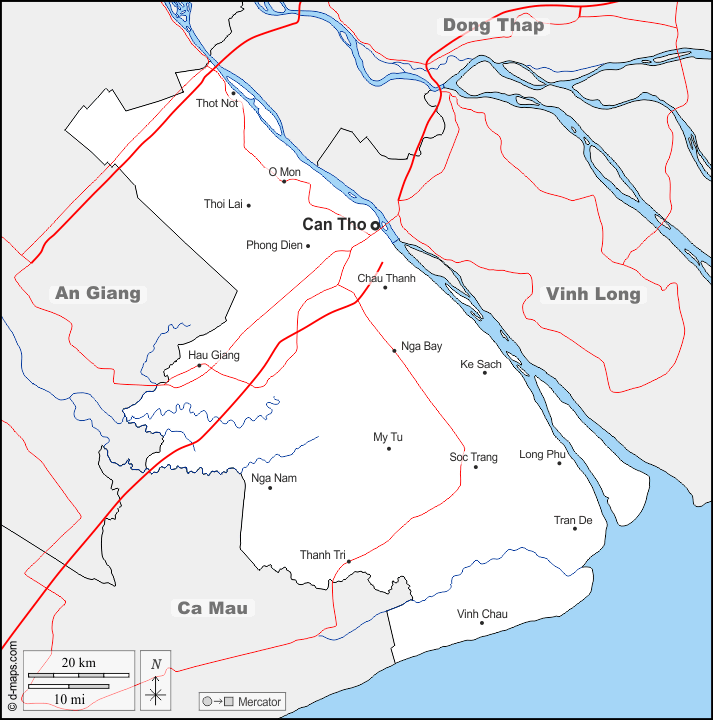 Can Tho : d-maps.com: Kostenlose Karten, kostenlose stumme Karte, kostenlose unausgefüllt Landkarte, kostenlose hochauflösende Umrisskarte : Grenzen, Hydrografie, Wichtige Städte, Straßen, Namen