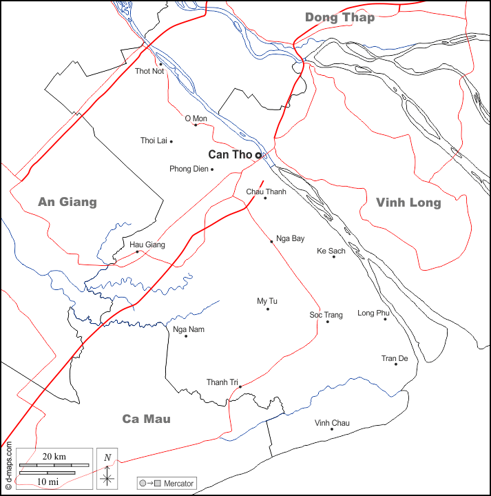 Can Tho : d-maps.com: Kostenlose Karten, kostenlose stumme Karte, kostenlose unausgefüllt Landkarte, kostenlose hochauflösende Umrisskarte : Grenzen, Hydrografie, Wichtige Städte, Straßen, Namen, weiß