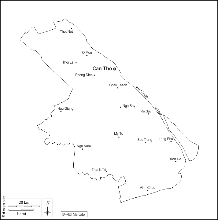 Can Tho : d-maps.com: Kostenlose Karten, kostenlose stumme Karte, kostenlose unausgefüllt Landkarte, kostenlose hochauflösende Umrisskarte : Umrisse, Wichtige Städte, Namen, weiß