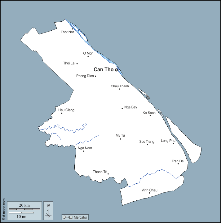 Can Tho : d-maps.com: Kostenlose Karten, kostenlose stumme Karte, kostenlose unausgefüllt Landkarte, kostenlose hochauflösende Umrisskarte : Umrisse, Hydrografie, Wichtige Städte, Namen