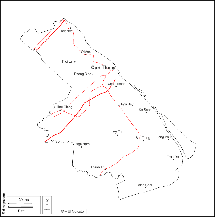 Can Tho : d-maps.com: Kostenlose Karten, kostenlose stumme Karte, kostenlose unausgefüllt Landkarte, kostenlose hochauflösende Umrisskarte : Umrisse, Wichtige Städte, Straßen, Namen, weiß