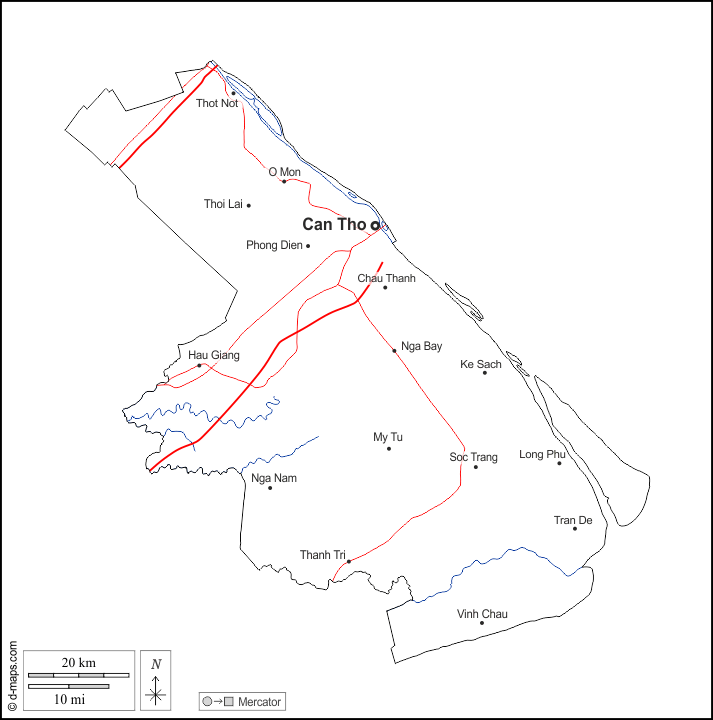 Can Tho : d-maps.com: Kostenlose Karten, kostenlose stumme Karte, kostenlose unausgefüllt Landkarte, kostenlose hochauflösende Umrisskarte : Umrisse, Hydrografie, Wichtige Städte, Straßen, Namen, weiß