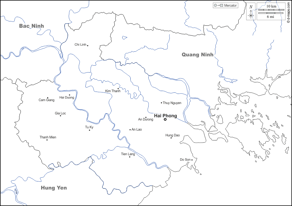Haiphong : d-maps.com: Kostenlose Karten, kostenlose stumme Karte, kostenlose unausgefüllt Landkarte, kostenlose hochauflösende Umrisskarte : Grenzen, Hydrografie, Wichtige Städte, Namen, weiß