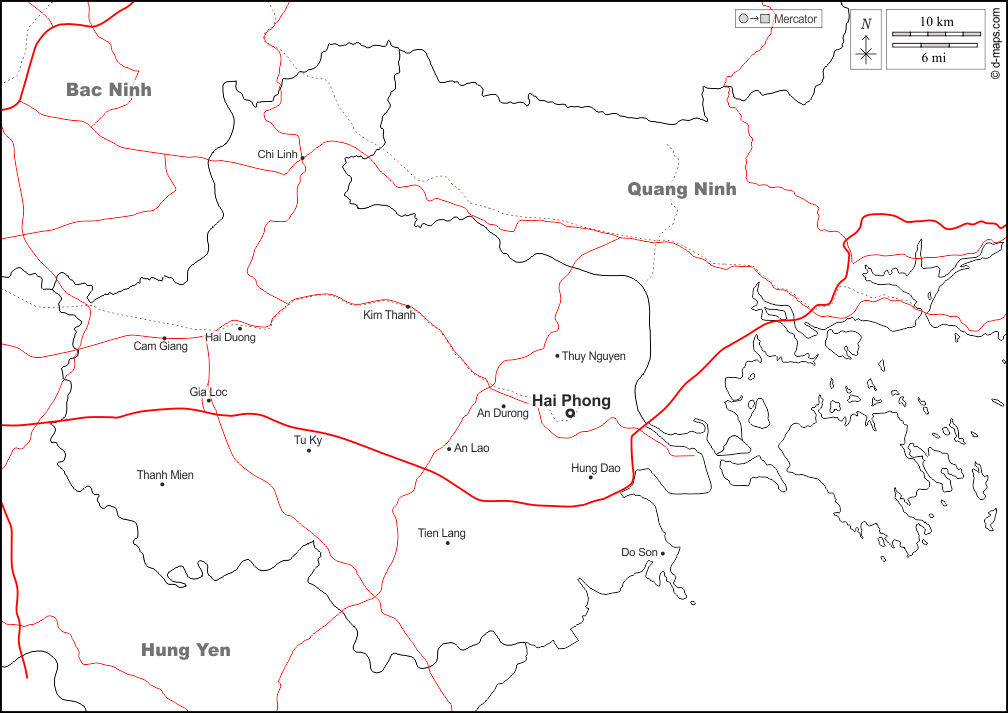 Haiphong : d-maps.com: Kostenlose Karten, kostenlose stumme Karte, kostenlose unausgefüllt Landkarte, kostenlose hochauflösende Umrisskarte : Grenzen, Wichtige Städte, Straßen, Namen, weiß