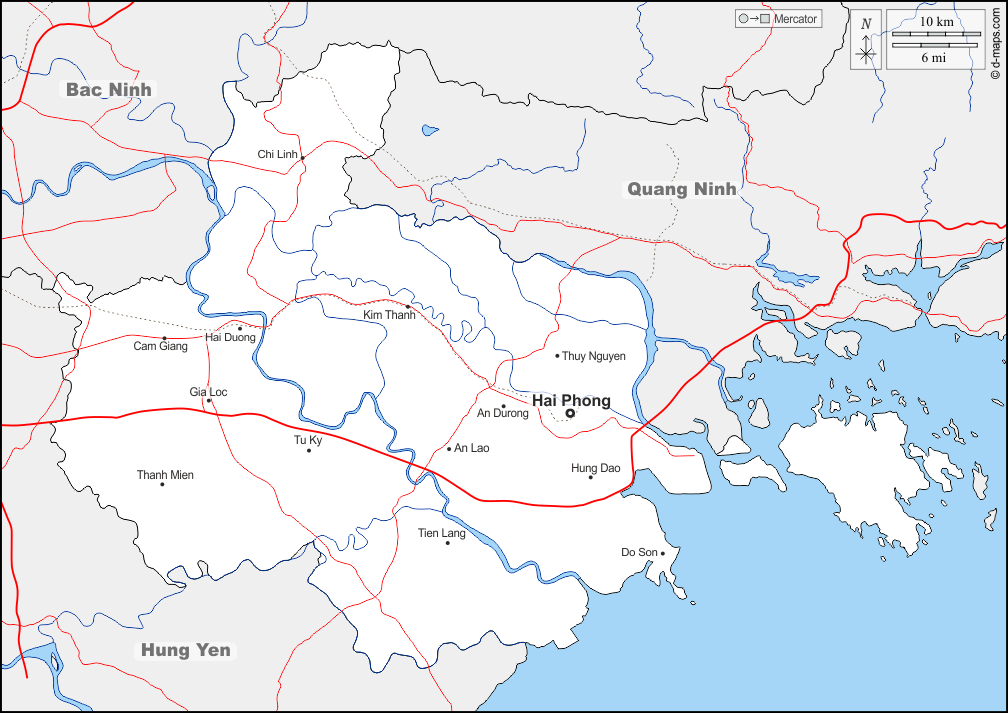 Haiphong : d-maps.com: Kostenlose Karten, kostenlose stumme Karte, kostenlose unausgefüllt Landkarte, kostenlose hochauflösende Umrisskarte : Grenzen, Hydrografie, Wichtige Städte, Straßen, Namen