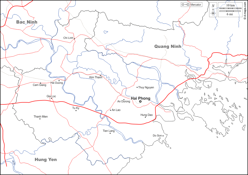 Haiphong : d-maps.com: Kostenlose Karten, kostenlose stumme Karte, kostenlose unausgefüllt Landkarte, kostenlose hochauflösende Umrisskarte : Grenzen, Hydrografie, Wichtige Städte, Straßen, Namen, weiß