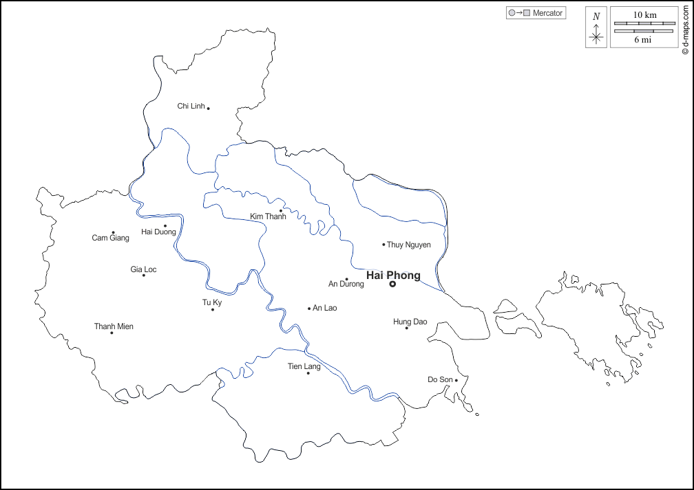 Haiphong : d-maps.com: Kostenlose Karten, kostenlose stumme Karte, kostenlose unausgefüllt Landkarte, kostenlose hochauflösende Umrisskarte : Umrisse, Hydrografie, Wichtige Städte, Namen, weiß
