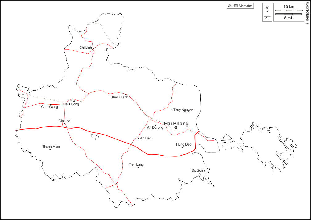 Haiphong : d-maps.com: Kostenlose Karten, kostenlose stumme Karte, kostenlose unausgefüllt Landkarte, kostenlose hochauflösende Umrisskarte : Umrisse, Wichtige Städte, Straßen, Namen, weiß