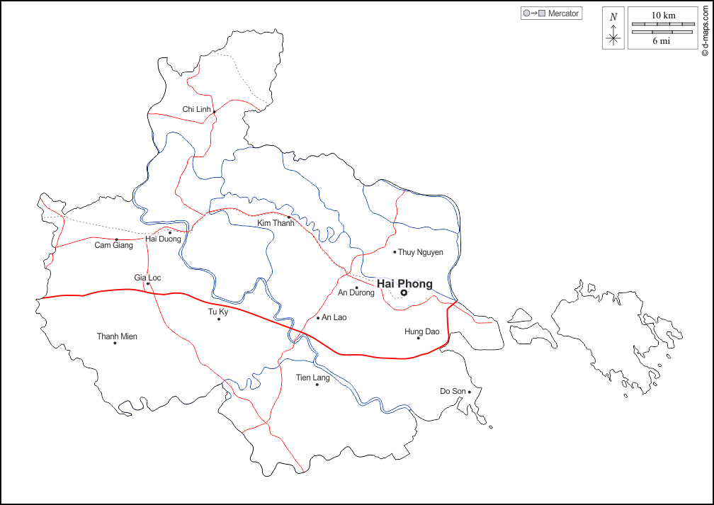 Haiphong : d-maps.com: Kostenlose Karten, kostenlose stumme Karte, kostenlose unausgefüllt Landkarte, kostenlose hochauflösende Umrisskarte : Umrisse, Hydrografie, Wichtige Städte, Straßen, Namen, weiß