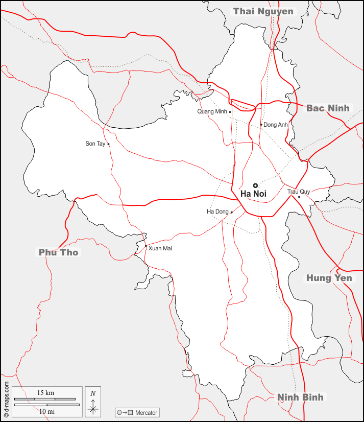 河內市 : d-maps.com: 免费地图, 免费的空白地图, 免费的轮廓地图, 免费基地地图 : 边界, 主要城市, 道路, 名称