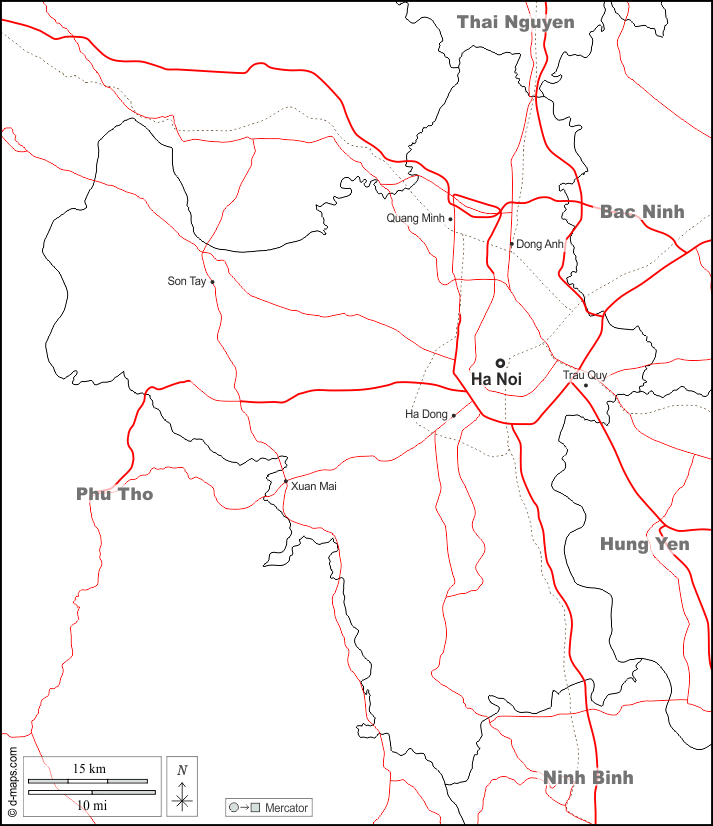 河內市 : d-maps.com: 免费地图, 免费的空白地图, 免费的轮廓地图, 免费基地地图 : 边界, 主要城市, 道路, 名称, 白