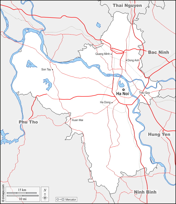 河內市 : d-maps.com: 免费地图, 免费的空白地图, 免费的轮廓地图, 免费基地地图 : 边界, 水文学, 主要城市, 道路, 名称