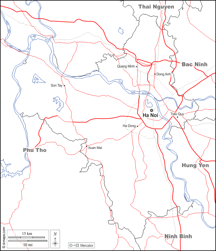 河內市 : d-maps.com: 免费地图, 免费的空白地图, 免费的轮廓地图, 免费基地地图 : 边界, 水文学, 主要城市, 道路, 名称, 白