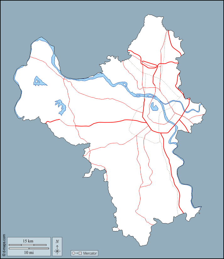 河內市 : d-maps.com: 免费地图, 免费的空白地图, 免费的轮廓地图, 免费基地地图 : 大纲, 水文学, 道路