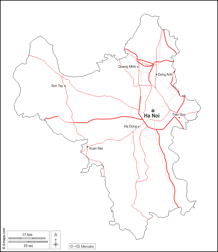 河內市 : d-maps.com: 免费地图, 免费的空白地图, 免费的轮廓地图, 免费基地地图 : 大纲, 主要城市, 道路, 名称, 白