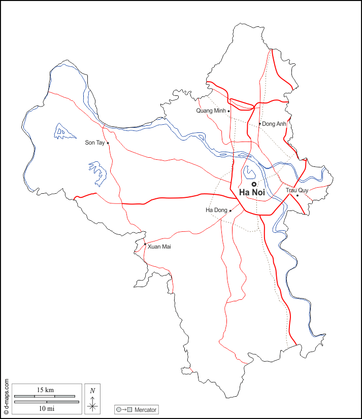河內市 : d-maps.com: 免费地图, 免费的空白地图, 免费的轮廓地图, 免费基地地图 : 大纲, 水文学, 主要城市, 道路, 名称, 白
